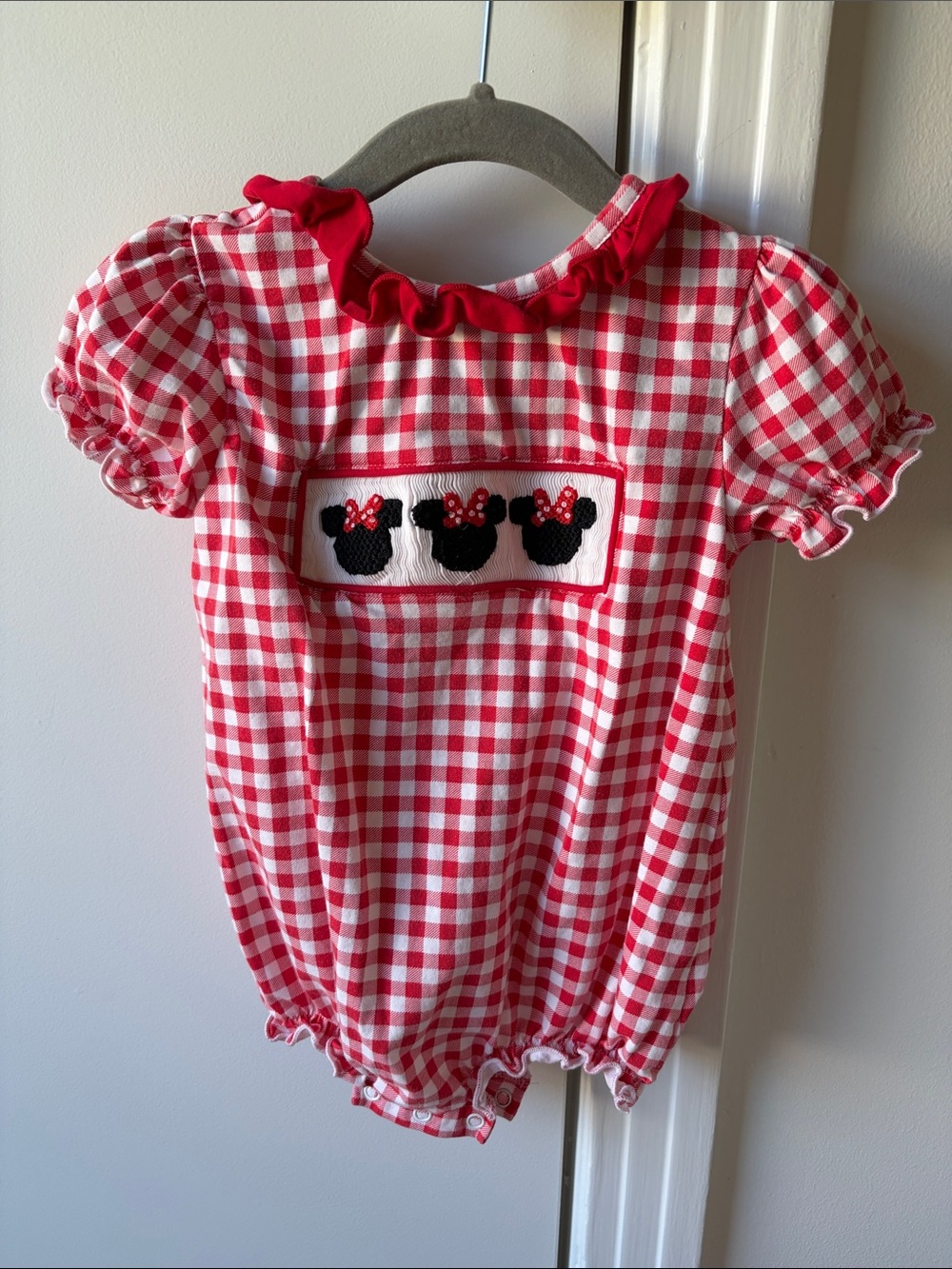 Red Gingham Kids One-Piece with Minnie Silhouette Embroidery